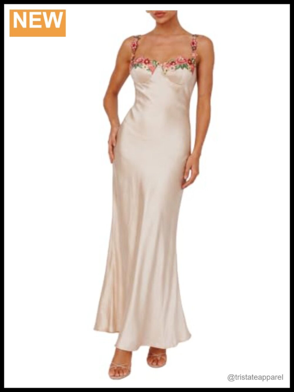 Satin Spaghetti Strap Bodycon Maxi Dress Embroidered Prom Formal